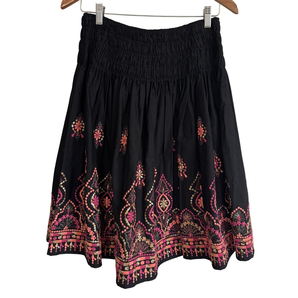French Connection Black Embroidered Boho A Line Skirt Pink Gold Size 2 Festival